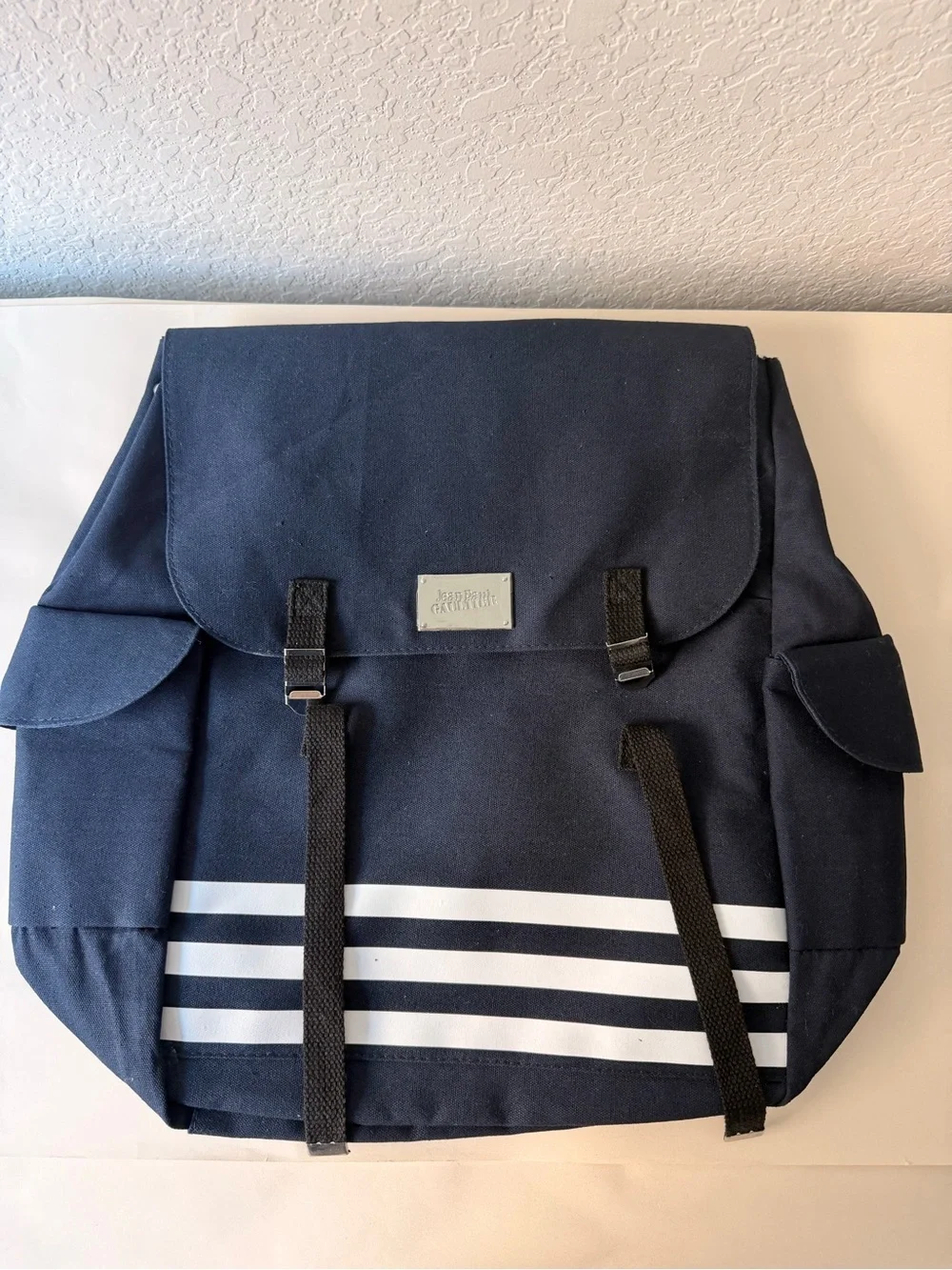 Jean Paul Gaultier Navy Canvas Backpack | White Stripe Designer Logo Bag